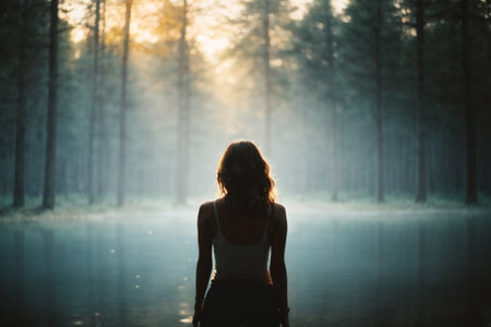 Young woman standing by the lake in the misty forest at sunriseの素材
