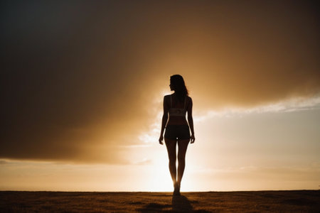 Silhouette of a young woman standing in the sun at sunsetの素材