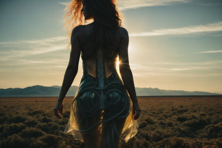 A young woman in a long dress walks through the steppe at sunset.の素材
