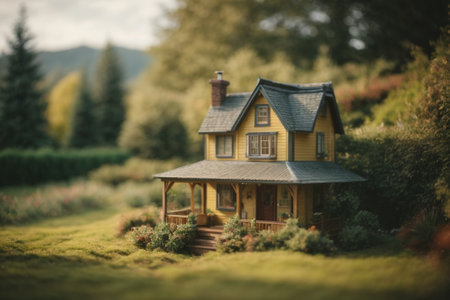 Miniature model house in the garden. Vintage style toned pictureの素材