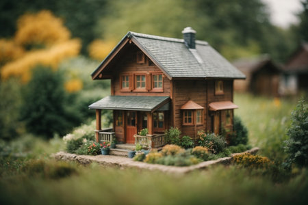Model of a wooden house in the garden. Selective focus.の素材