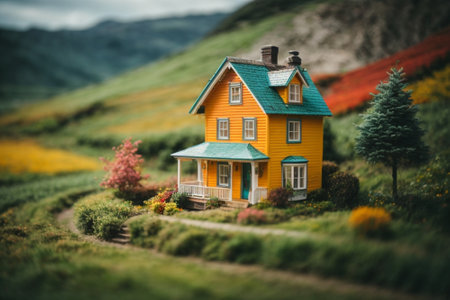 Miniature house in the middle of a field of flowers. Selective focus.の素材