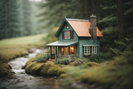 Small house in the middle of a mountain stream with moss and fogの素材