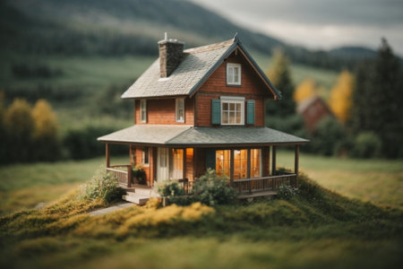 Miniature model of a beautiful house on the background of the mountainsの素材