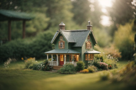 Miniature house in the garden. Vintage style. Selective focus.の素材