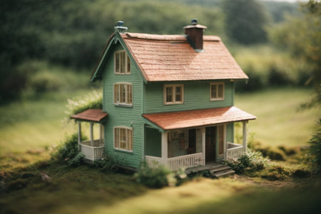 Miniature model of house on green meadow. Vintage style.の素材