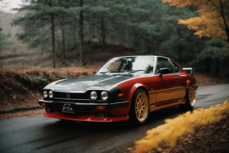 A car on the road in the autumn forest. Car on the road.の素材