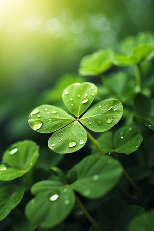 Green clover leaves with water drops on blurred green nature background.の素材