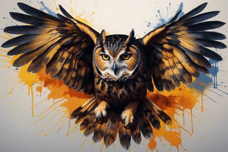 Eagle owl with wings spread. Colorful watercolor painting.の素材