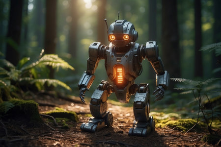 Vintage robot in the forest. Fantasy scene. 3D rendering.の素材