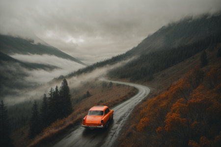 Foggy autumn mountain road with orange car in foggy forestの素材