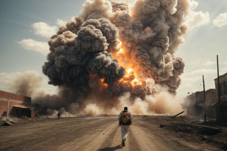 A man in a white shirt with a backpack walks along the road with a huge explosion in the background.の素材