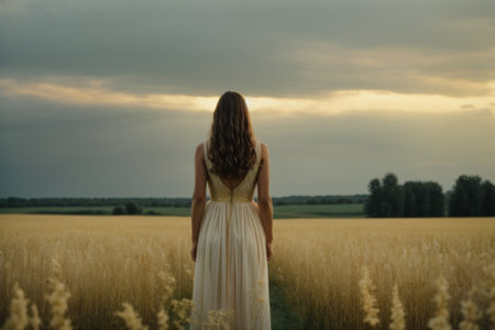Back view of young woman in white dress standing in wheat field at sunsetの素材