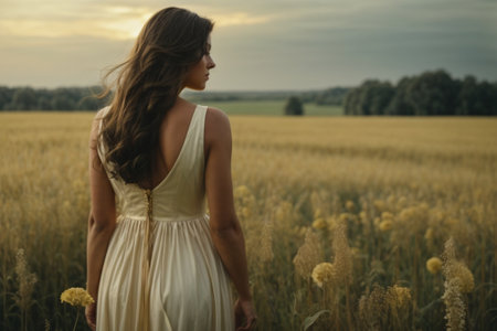 Beautiful girl in a wheat field at sunset. A girl in a white dress stands in the field.の素材