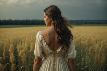 Beautiful girl in a white dress walks through the wheat field.の素材