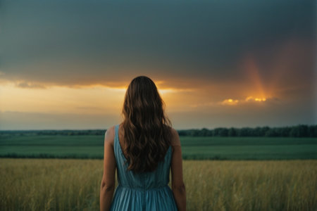 Young woman in a blue dress on a wheat field at sunset.の素材