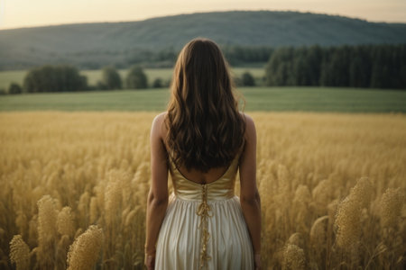 Beautiful girl in a wheat field at sunset, back view.の素材