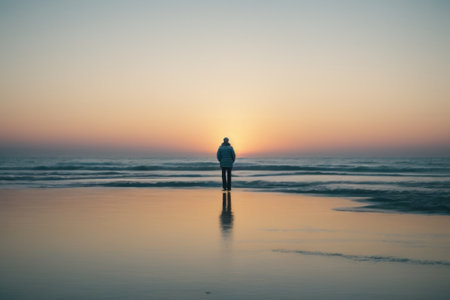 Silhouette of a man walking on the beach at sunrise.の素材