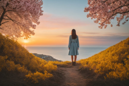 Young woman standing on the hill with cherry blossoms at sunset.の素材