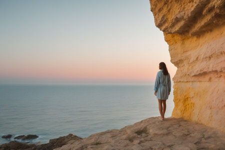Young woman standing on cliff and looking at sea at the sunset.の素材