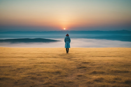 Woman standing on top of the hill and looking at the sunrise.の素材