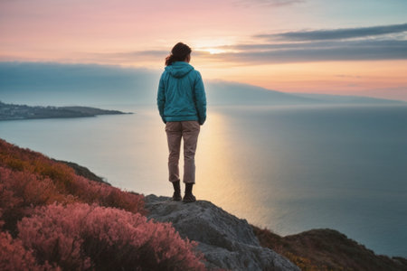 Young woman standing on the edge of a cliff overlooking the sea at sunsetの素材