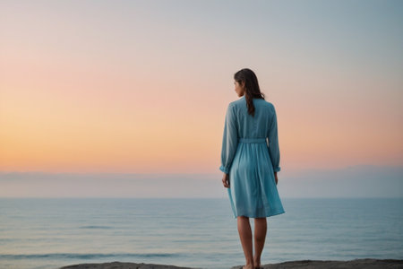 Beautiful young woman standing on the beach and looking at the seaの素材