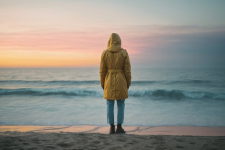 Young woman in a yellow raincoat standing on the beach at sunrise.の素材