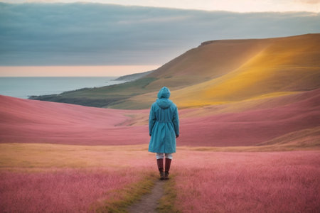 A young woman standing in the middle of a lavender field and looking at the sunsetの素材