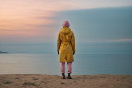 A girl in a yellow raincoat stands on the sand and looks at the sea.の素材