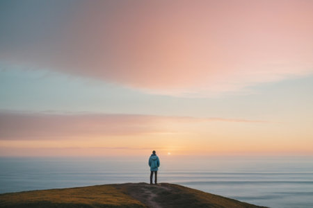 Man standing on the top of a hill and looking at the sunsetの素材