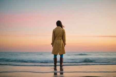 Young woman in yellow coat standing on the beach and looking at the sunsetの素材