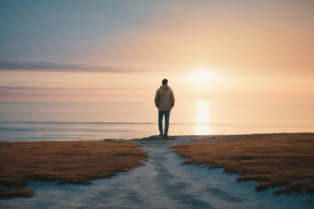 Man standing on a path leading to the sea at sunset in winterの素材