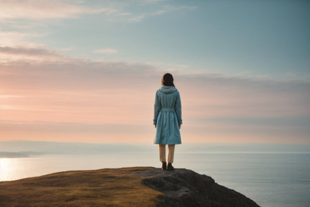 Silhouette of a woman in a blue coat standing on the edge of a cliff and looking at the seaの素材