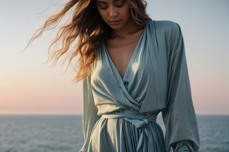 cropped view of beautiful young woman in dress standing on beach at sunsetの素材