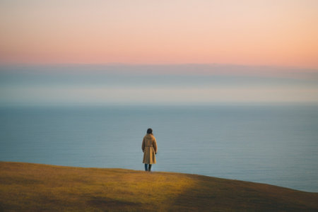 Silhouette of a woman standing on a hill looking at the sea.の素材