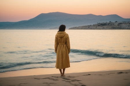 Young woman in yellow dress standing on the beach and looking at sunsetの素材