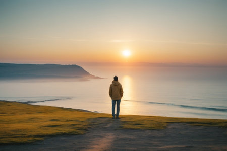 Young man standing on the edge of a cliff and looking at sunriseの素材