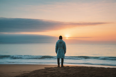 Man standing on the beach and looking at the sea and sunset.の素材