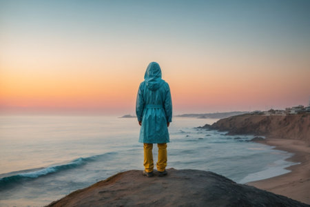 Woman in yellow raincoat standing on the edge of the cliff and looking at the seaの素材