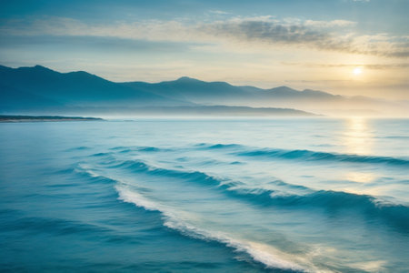 Beautiful seascape with mountains and blue sky at sunset.の素材