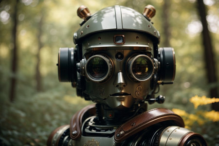 Vintage robot in the forest. Close-up of a military robot.の素材