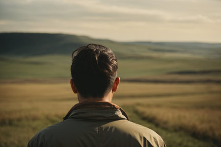 Rear view of young man standing on top of hill and looking at countrysideの素材