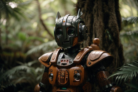 Close-up of futuristic robot in the forest. Future technology concept.の素材