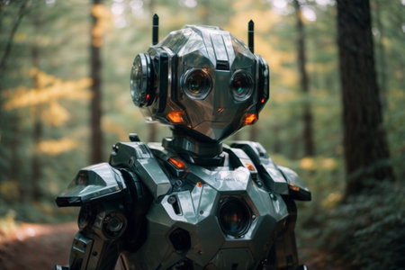 Futuristic robot in the forest. The future of the future.の素材