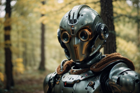Close-up portrait of a futuristic robot in the forest. Fantasy concept.の素材
