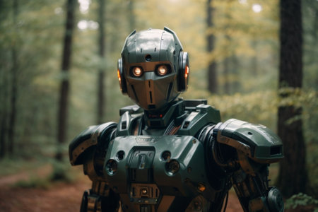 closeup of a green robot in a forest, blurred background.の素材