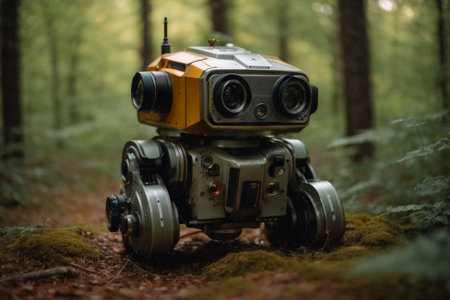 A toy robot in the forest.の素材