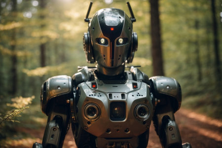 Robot in the forest, close-up. The concept of the future.の素材