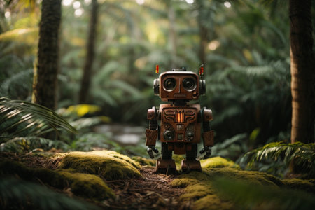 Vintage robot toy in the jungle. Selective focus and shallow depth of field.の素材